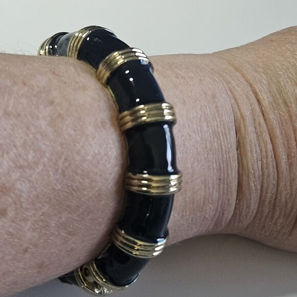 **Final Sale** J Crew Clamp Bangle Bamboo Look Blueberry Enamel Gold Tone Hinge - Picture 5 of 11